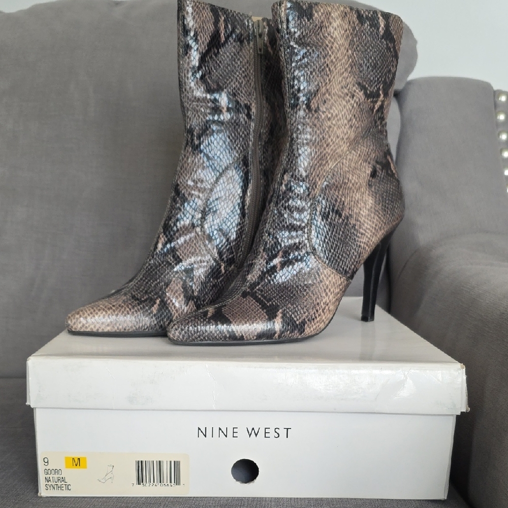 Like New Nine West Snakeskin Heeled Boots - Black and Brown